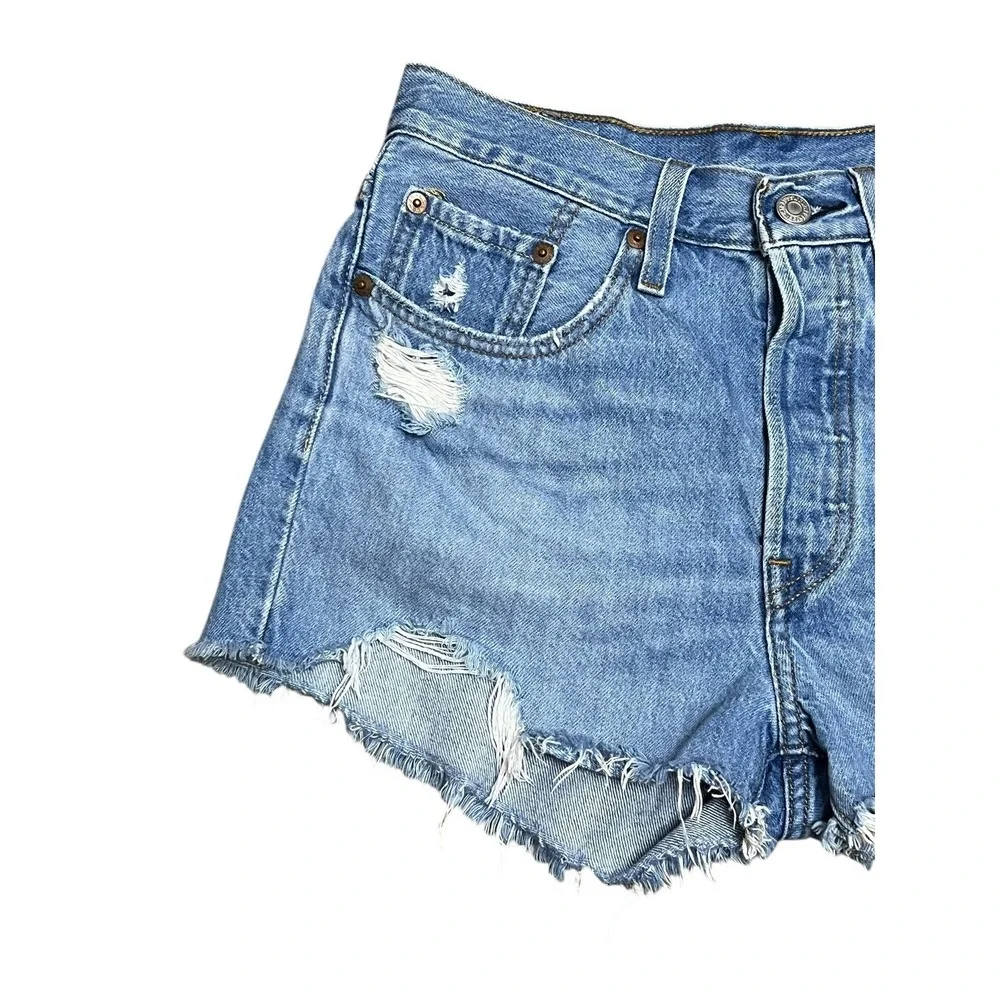 Levi's 501 Original Denim Shorts Womens 26 Blue Distressed Cut Off Festival Boho
